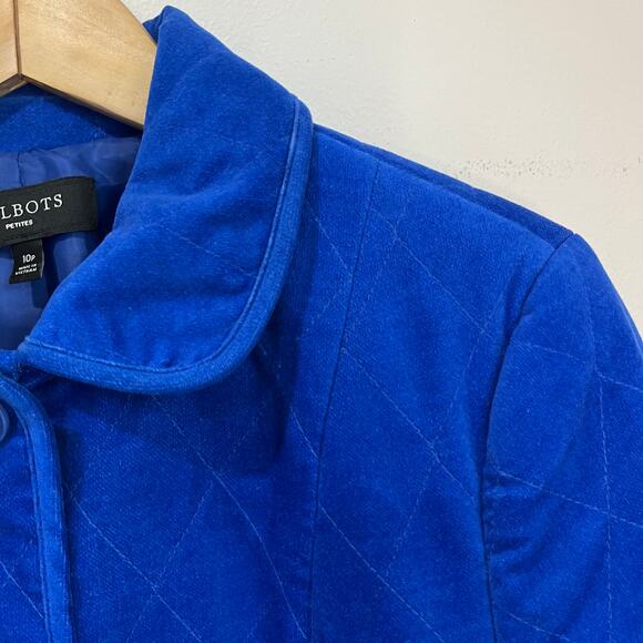 Talbots Petites Velvet Quilted Button Jacket 10P Blue Classic Fall Layering Coat - Picture 4 of 6